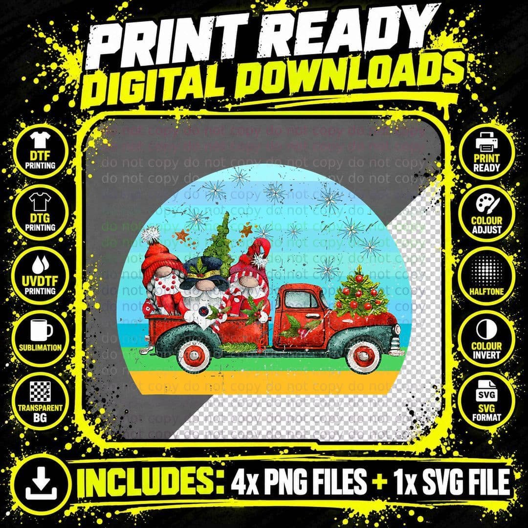 Three Gnomes in Red Truck with Merry Christmas Tree Png SVG Digital Bundle