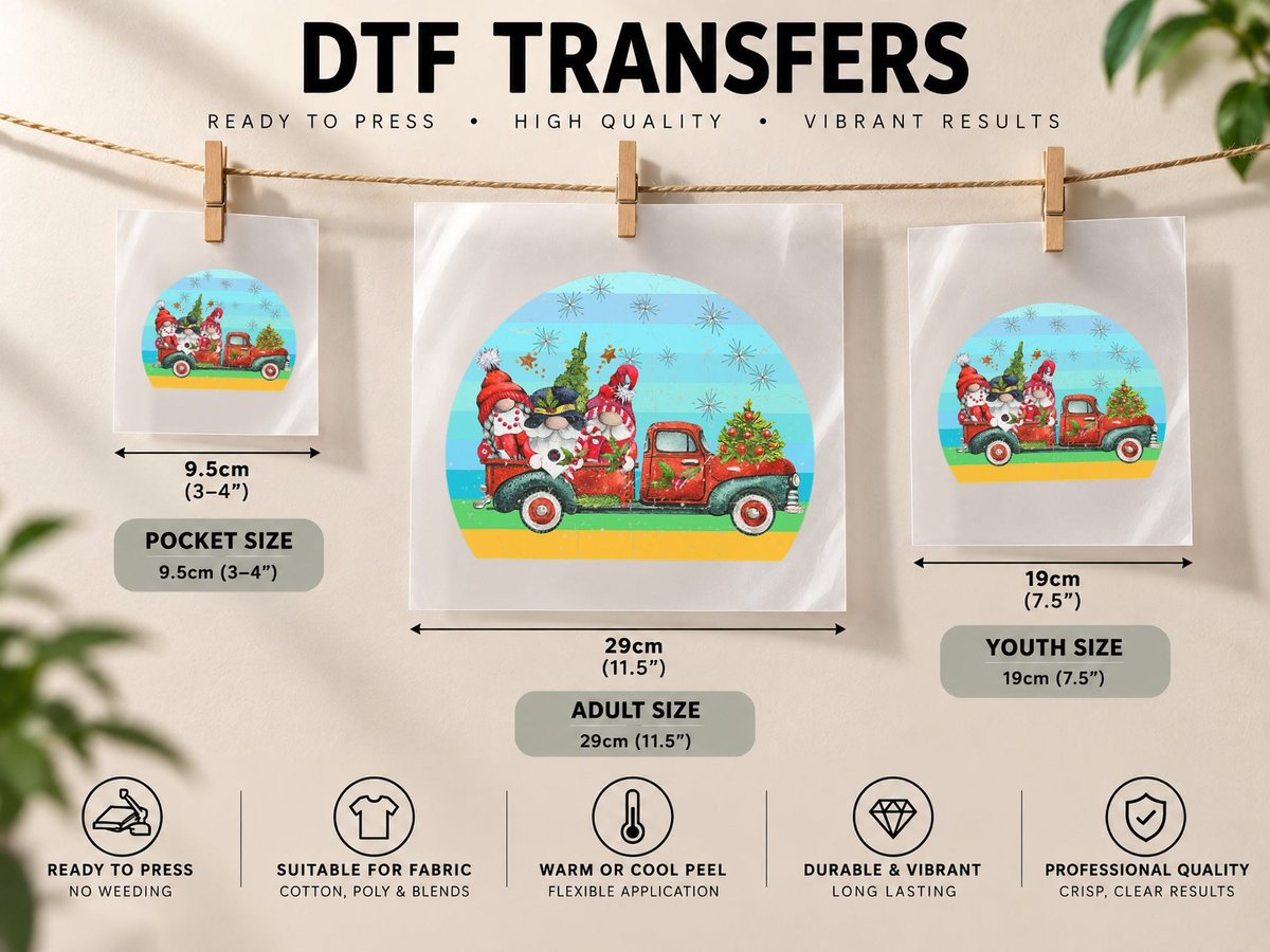 Three Gnomes in Red Truck with Merry Christmas Tree Vintage DTF Transfer Iron On