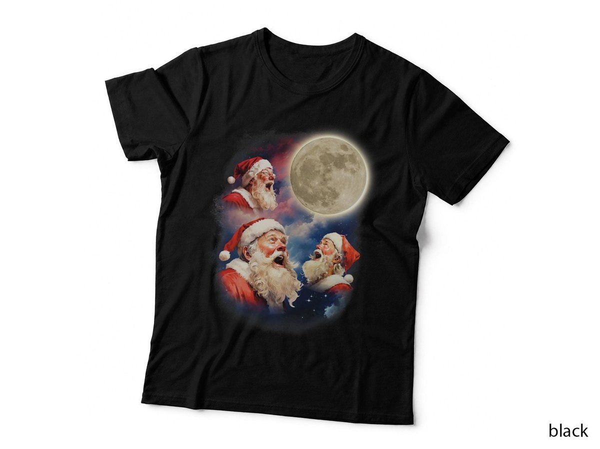 Three Santa Moon Santas Howling at Moon Meme Weird Christmas T-Shirt