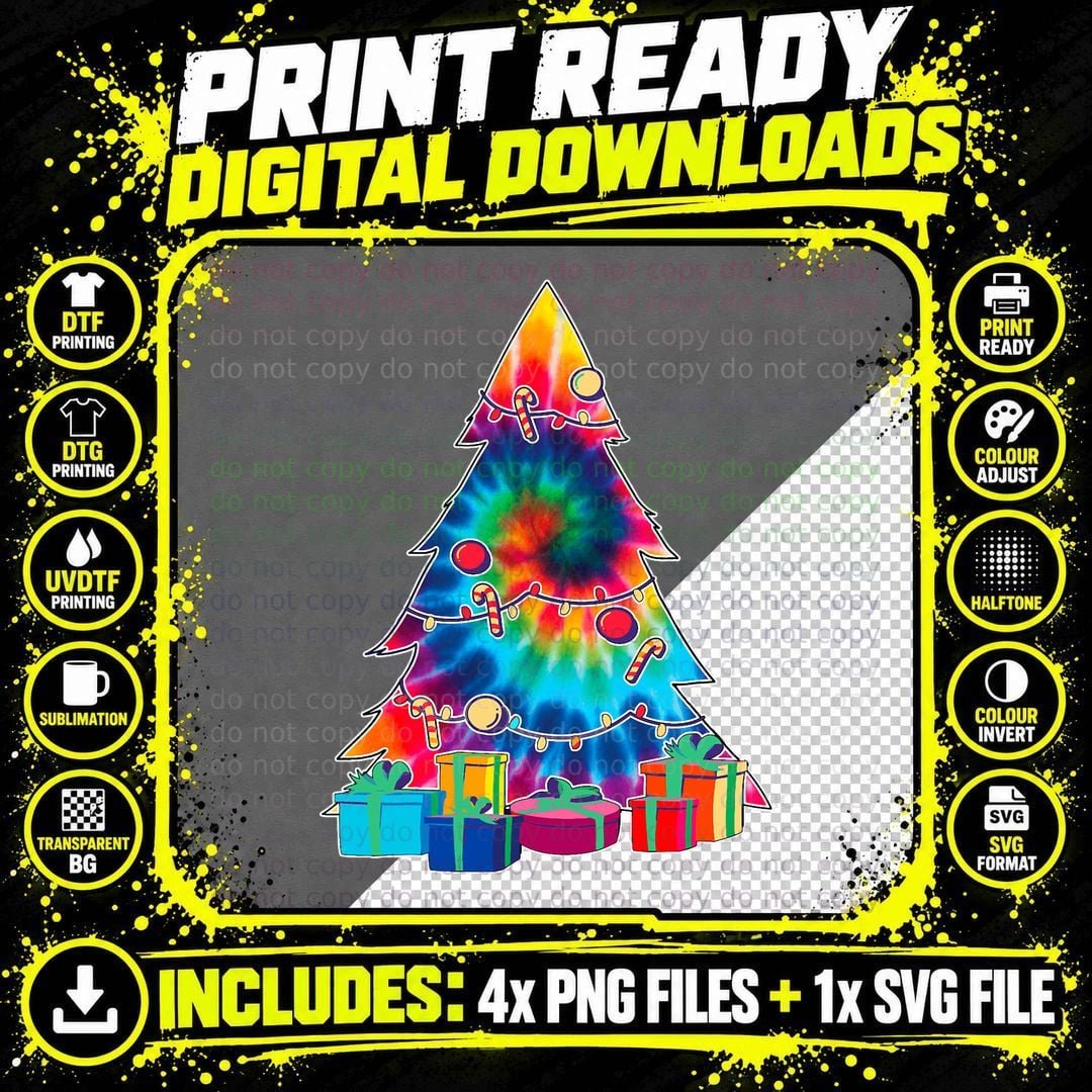 Tie-Dye Christmas Tree 60's Vintage Retro Christmas Png SVG Digital Bundle