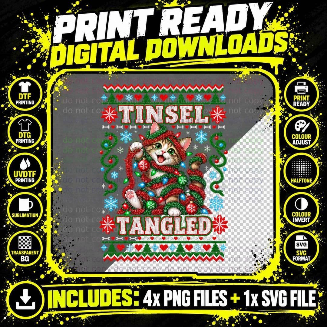 Tinsel Tangled Cat Christmas Shirt Funny Kitty Ugly Png SVG Digital Bundle