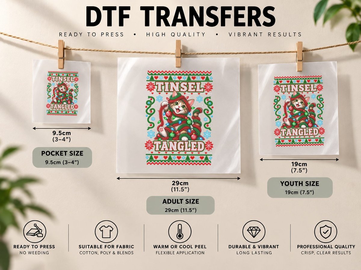Tinsel Tangled Cat Christmas Funny Kitty Ugly Holiday Xmas DTF Transfer Iron On