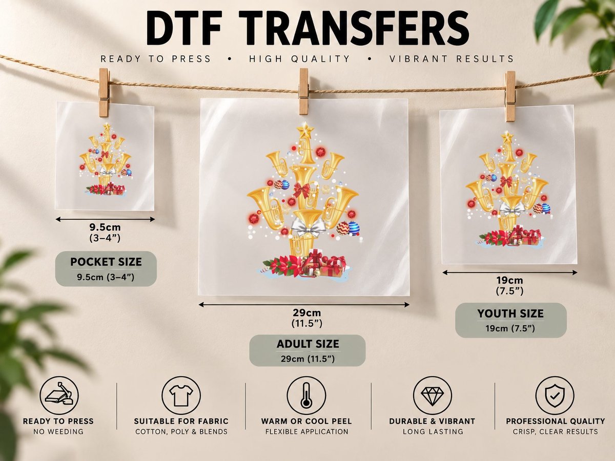 Tuba Christmas Tree Merry Xmas Lights Gift DTF Transfer Iron On