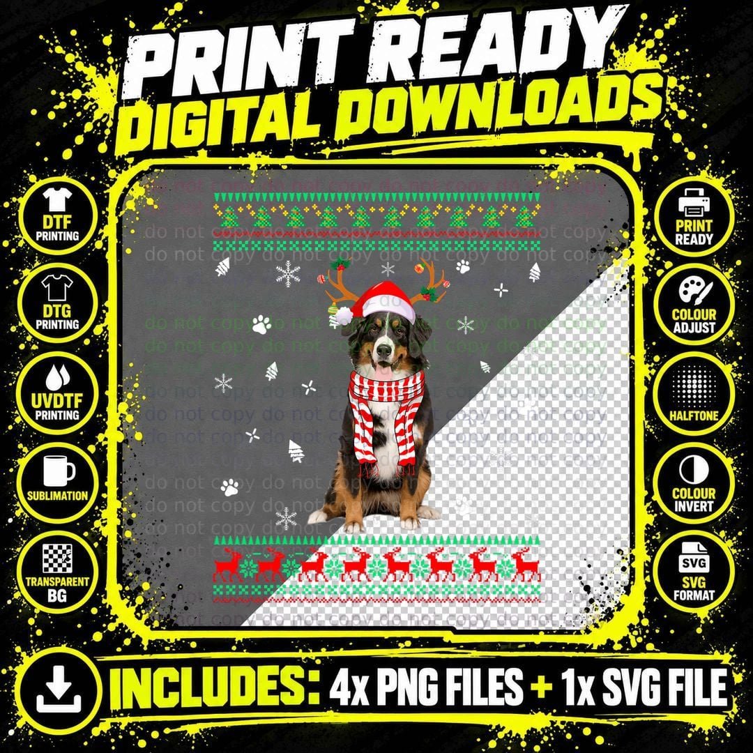 Ugly Sweater Christmas Bernese Mountain Dog Santa Png SVG Digital Bundle