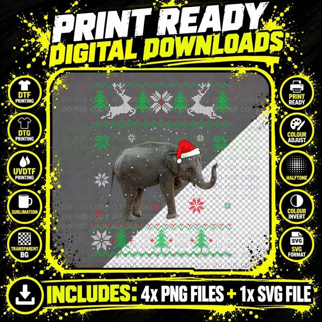 Ugly Sweater Christmas Elephant Lover Santa Hat Animals Png SVG Digital Bundle