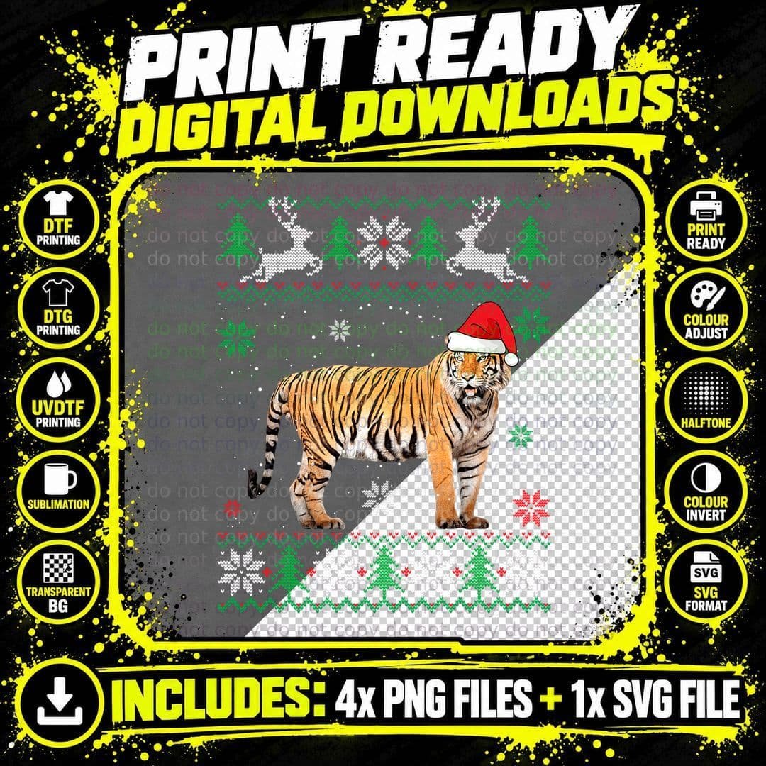 Ugly Sweater Christmas Tiger Lover Santa Hat Animals Png SVG Digital Bundle