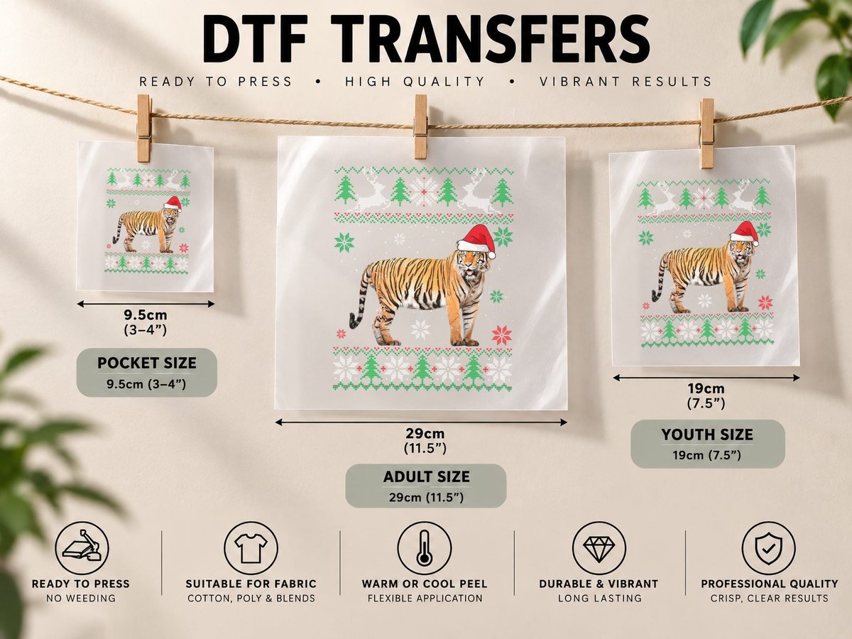 Ugly Christmas Tiger Lover Santa Hat Animals DTF Transfer Iron On