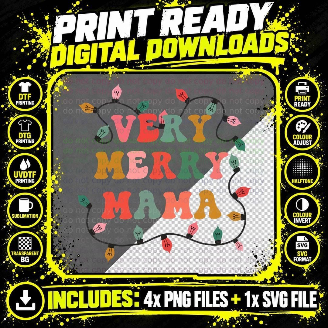 Very Merry Mama Christmas Retro Lights Mama Mom Xmas Png SVG Digital Bundle