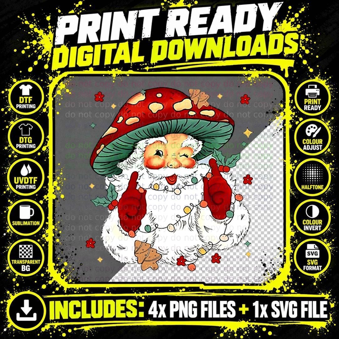 Vintage Christmas Mushroom Santa Claus Face Old Png SVG Digital Bundle