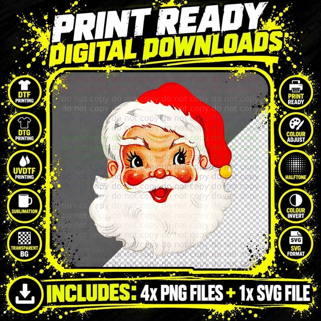 Vintage Christmas Santa Claus Face Cute Funny Old Png SVG Digital Bundle