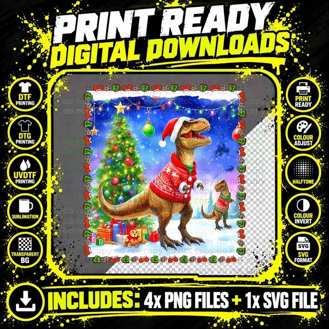 Vintage Christmas Tyrannosaurus Rex Scene Ugly Christmas Png SVG Digital Bundle
