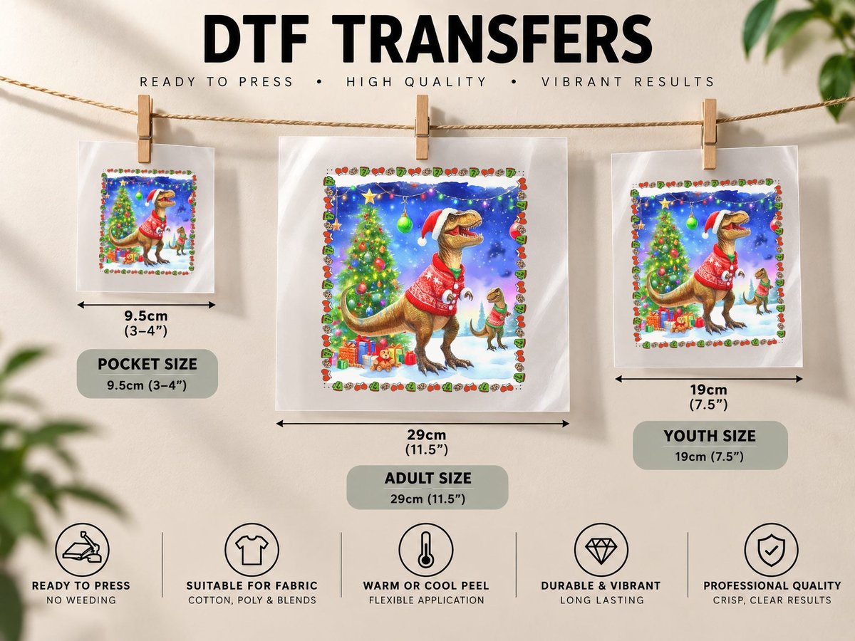 Vintage Christmas Tyrannosaurus Rex Scene Ugly Christmas DTF Transfer Iron On
