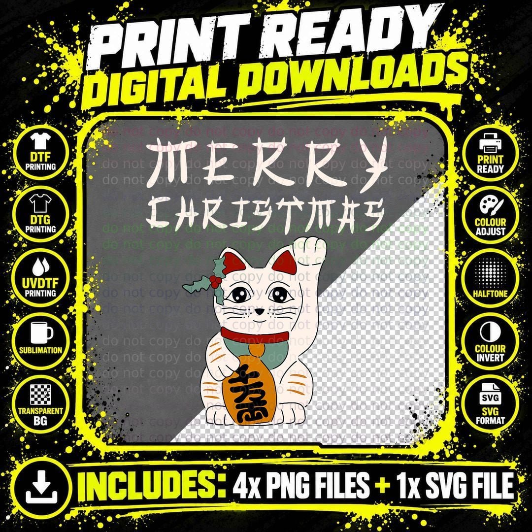 Vintage Japanese Christmas Aesthetic Lucky Cat Maneki Png SVG Digital Bundle