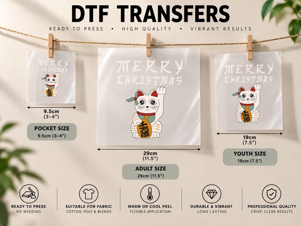 Vintage Japanese Christmas Aesthetic Lucky Cat Maneki Neko DTF Transfer Iron On