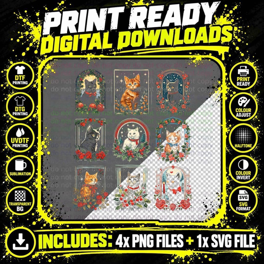 Vintage Kitten Christmas Cats, Cat Mom, Cat Dad Women Png SVG Digital Bundle