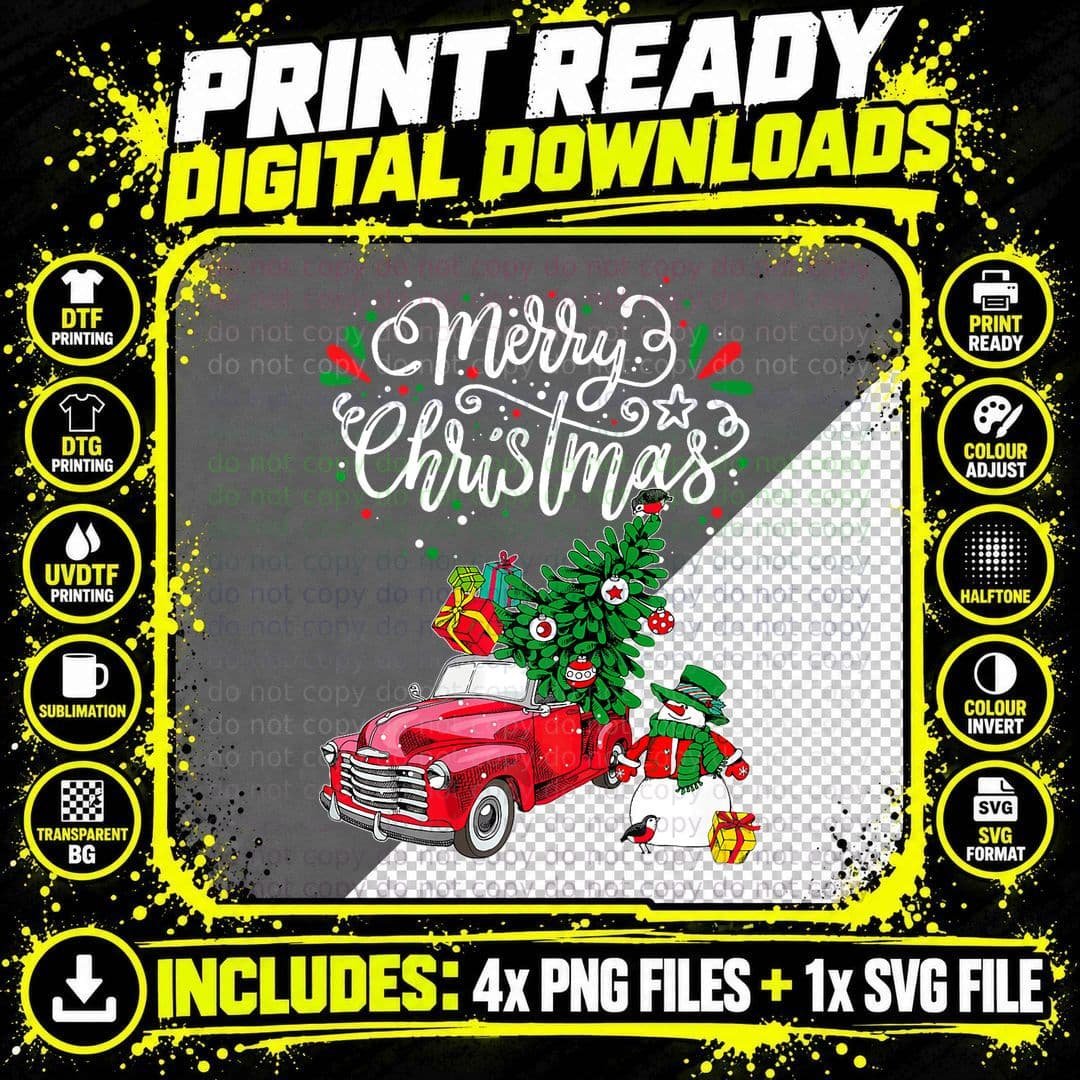 Vintage Merry Christmas Red Truck Old Fashioned Png SVG Digital Bundle