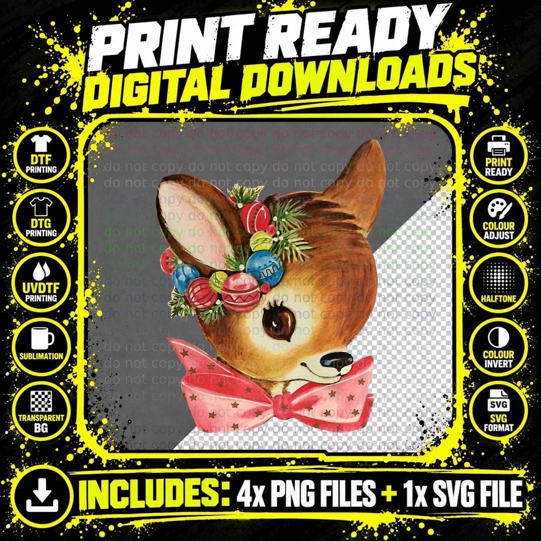 Vintage Retro Christmas Reindeer Pink Kids Toddlers Png SVG Digital Bundle