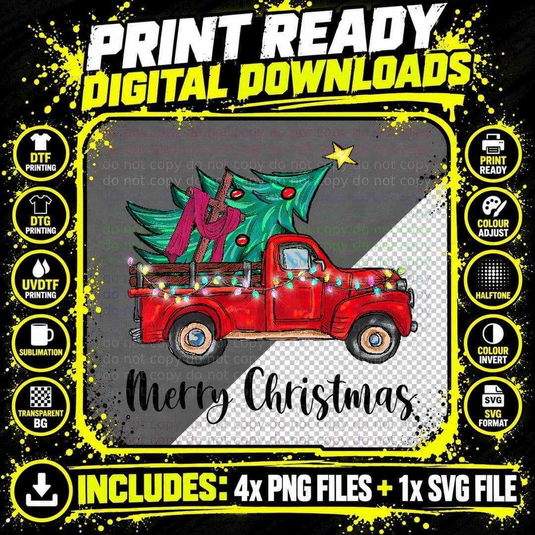 Vintage Wagon Red Truck Christmas Light Tree Pajama Xmas Png SVG Digital Bundle