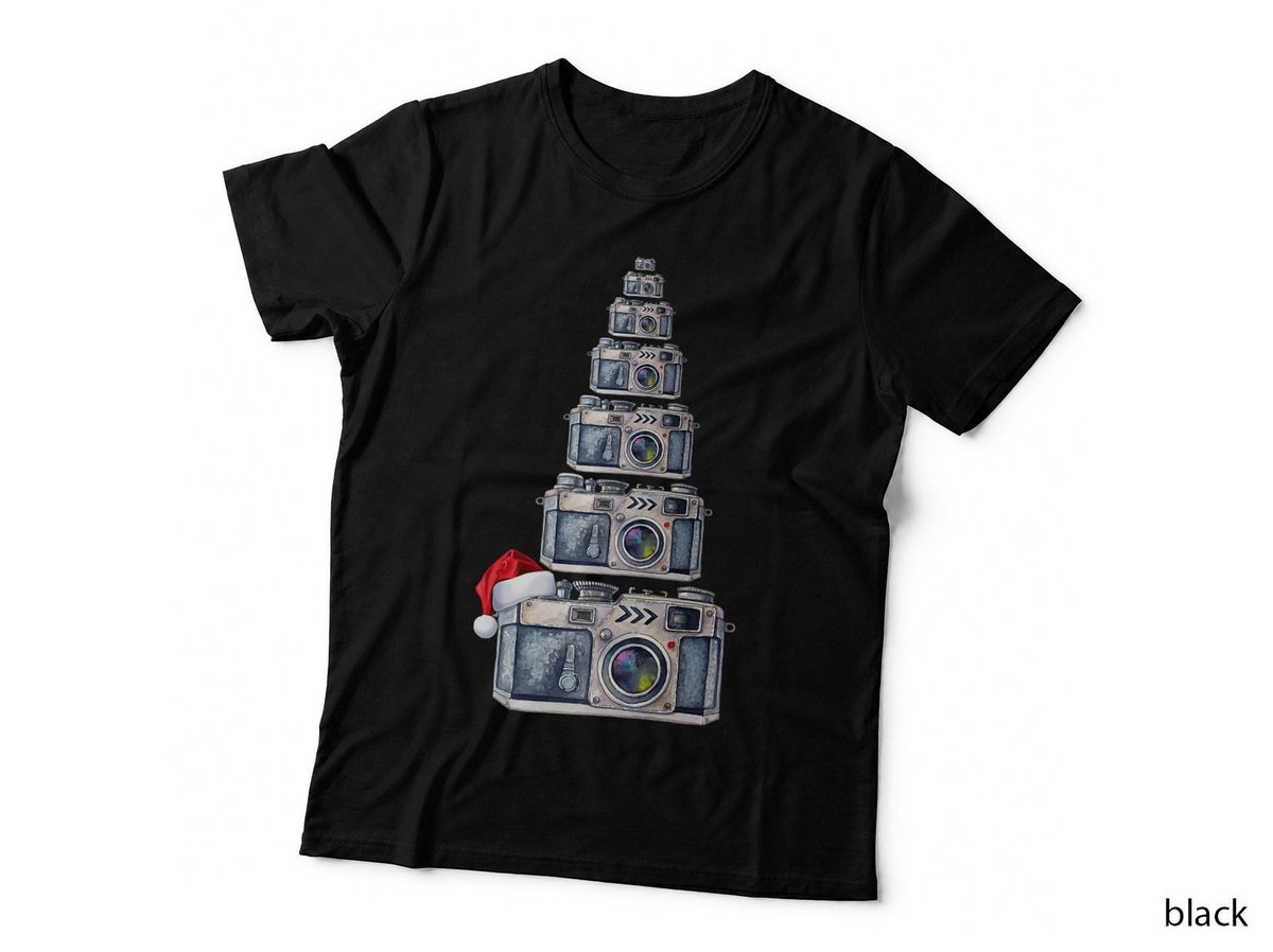 Watercolor Camera Christmas Tree Xmas Santa Hat Photography T-Shirt