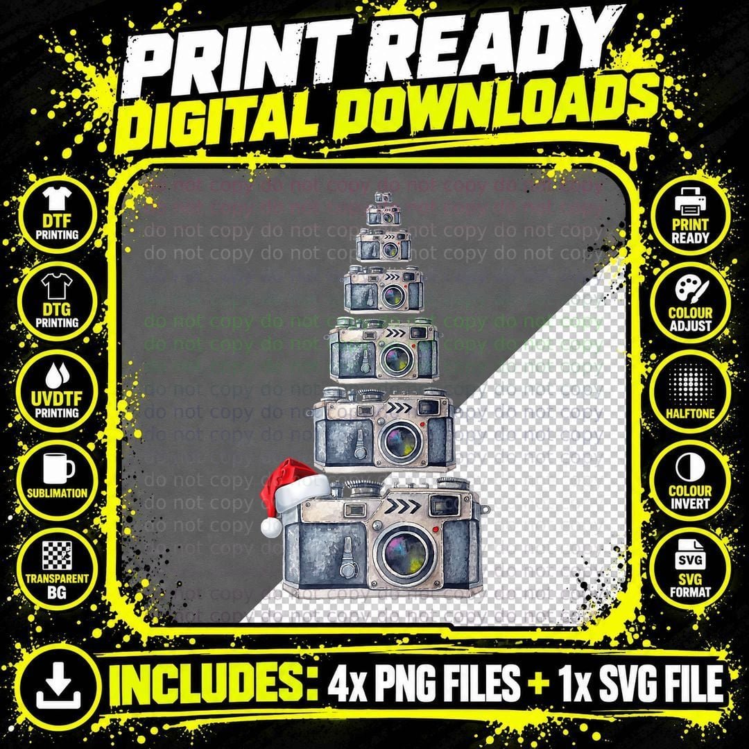 Watercolor Camera Christmas Tree Xmas Santa Hat Png SVG Digital Bundle