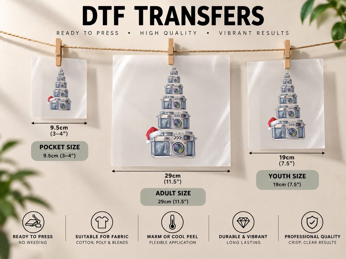 Watercolor Camera Christmas Tree Xmas Santa Hat Photography DTF Transfer Iron On