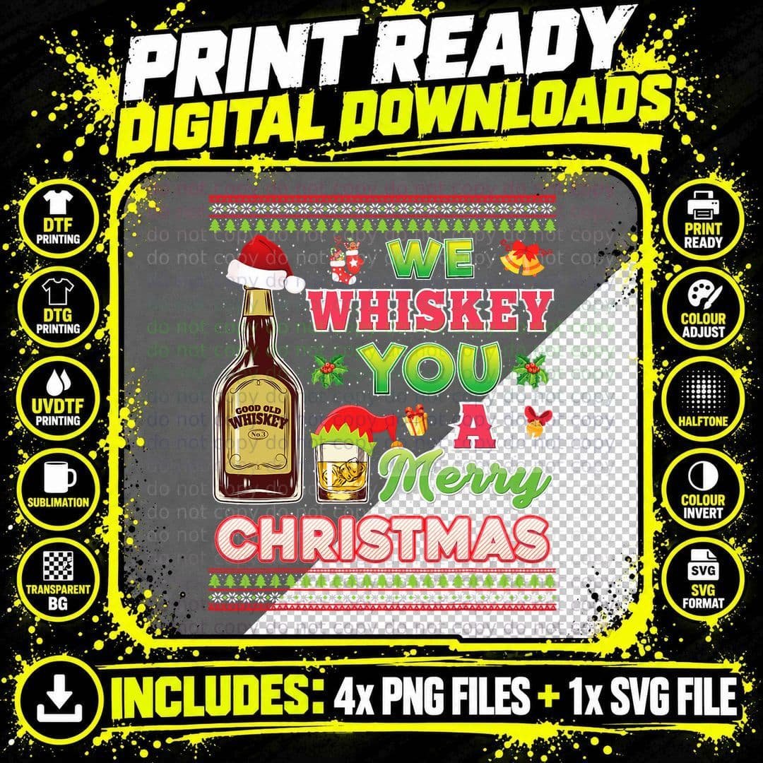 We Whiskey You a Merry Christmas Wish Pajama Drinking Png SVG Digital Bundle