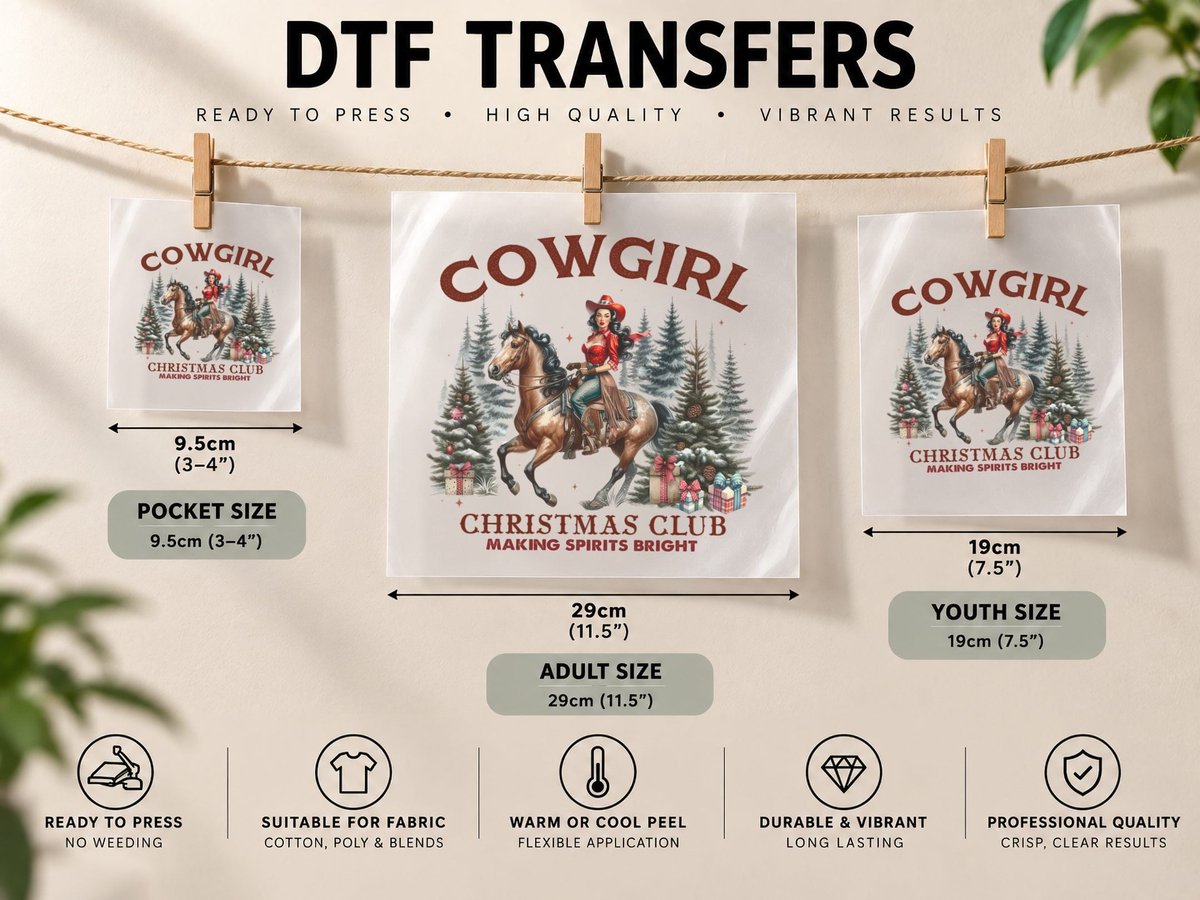 Western Christmas Cowgirl on Horse with Presents Rustic DTF Transfer Iron On