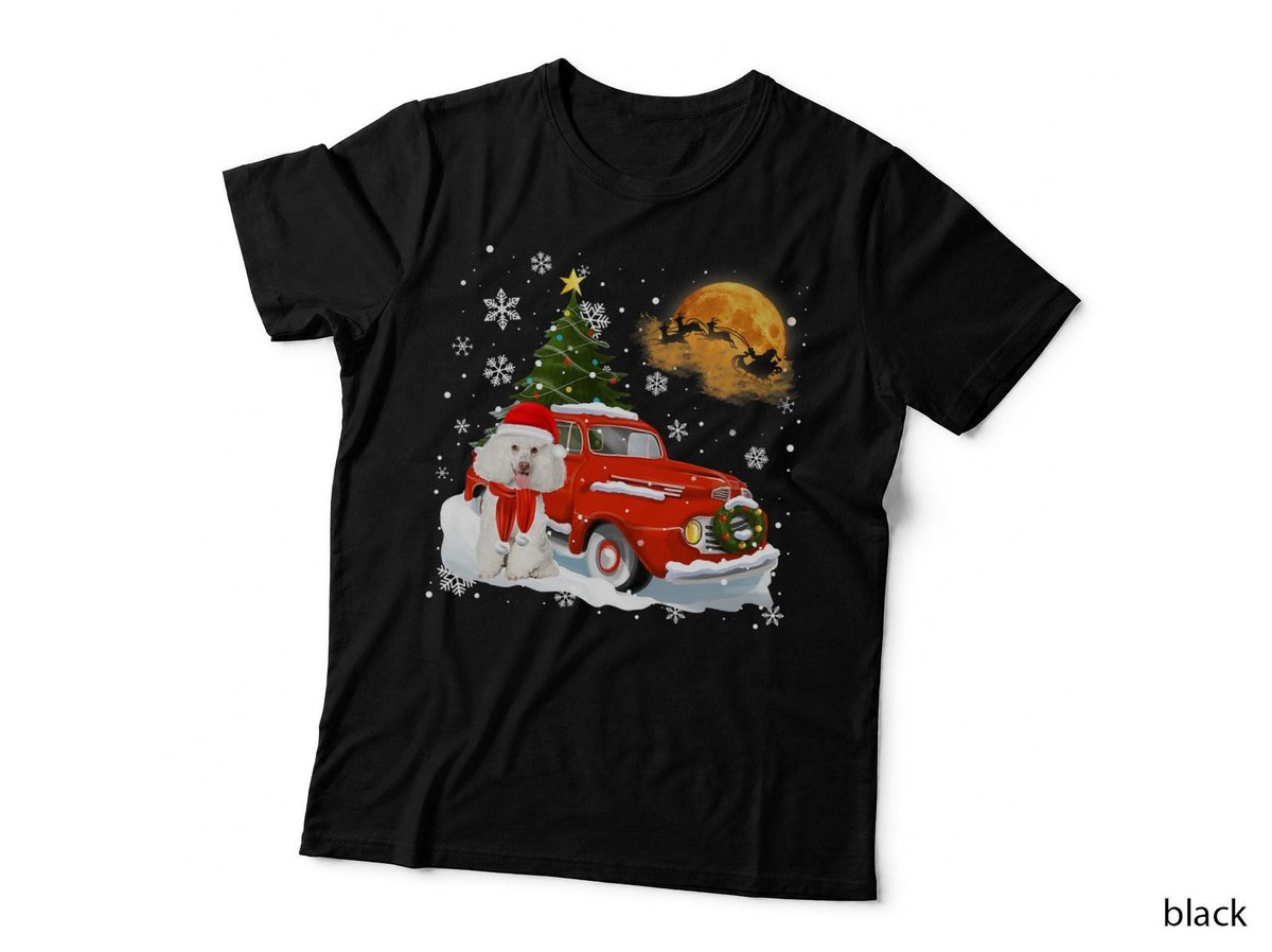 White Poodle Vintage Wagon Red Truck Christmas Tree Pajamas T-Shirt