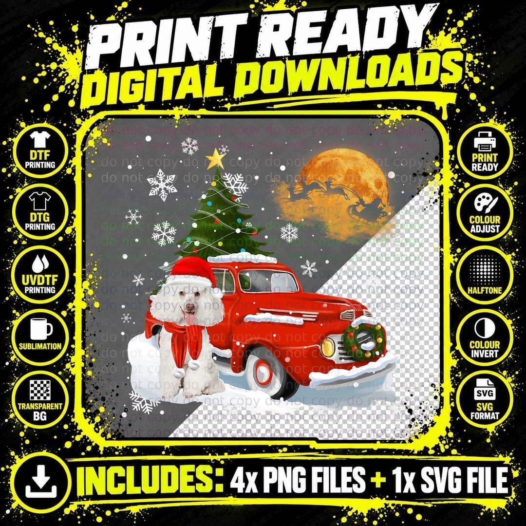 White Poodle Vintage Wagon Red Truck Christmas Tree Png SVG Digital Bundle