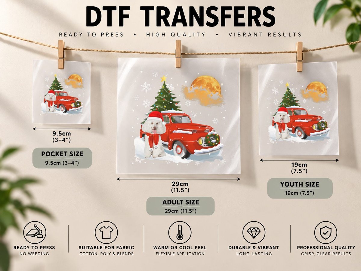 White Poodle Vintage Wagon Red Truck Christmas Tree Pajamas DTF Transfer Iron On