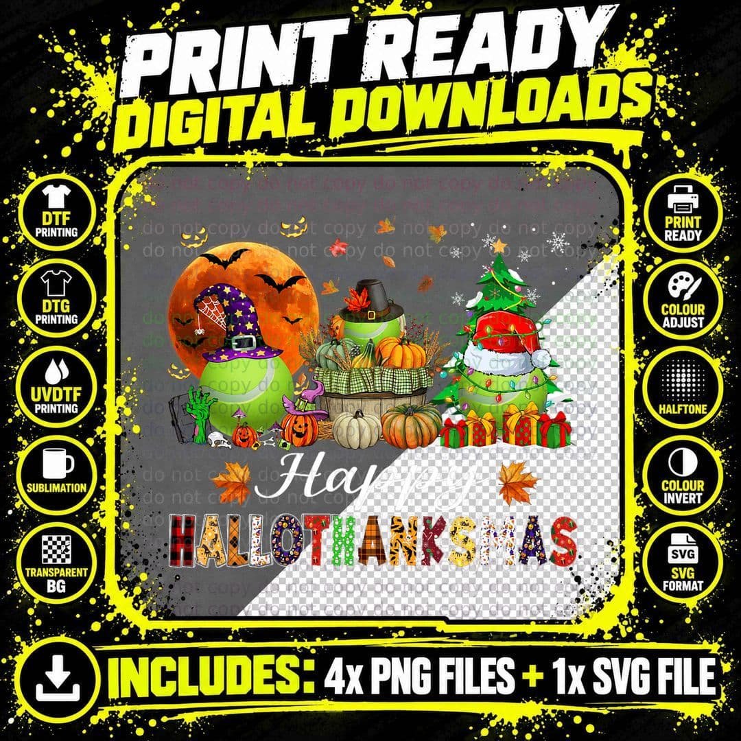 Witch Pilgrim Santa Tennis Balls Happy Hallothanksmas Png SVG Digital Bundle