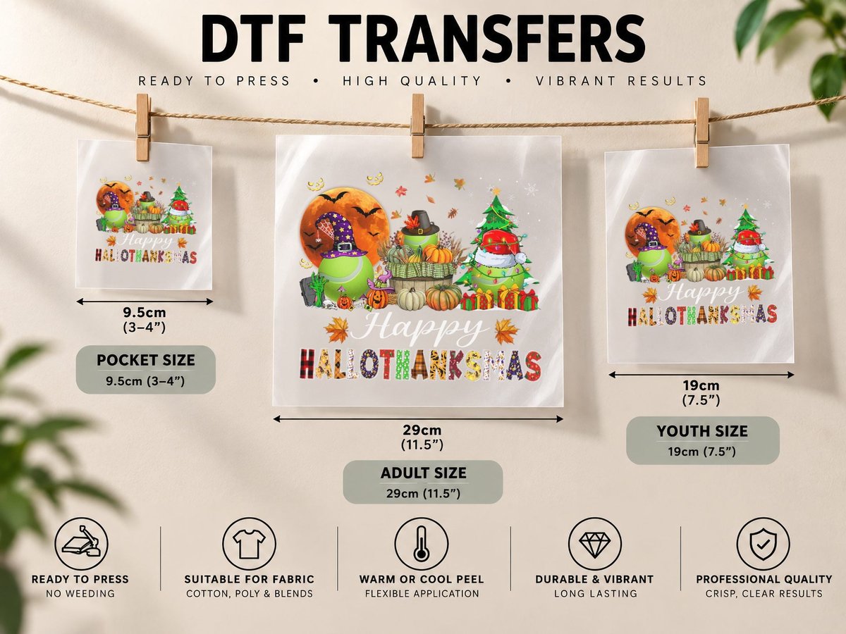 Witch Pilgrim Santa Tennis Balls Happy Hallothanksmas Boys DTF Transfer Iron On
