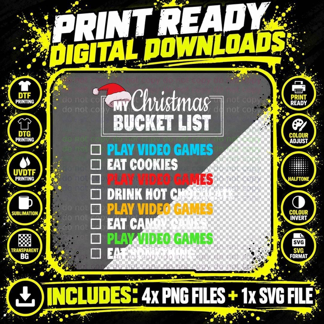 Xmas Bucket List Video Games Funny Gamer Boys Christmas Png SVG Digital Bundle