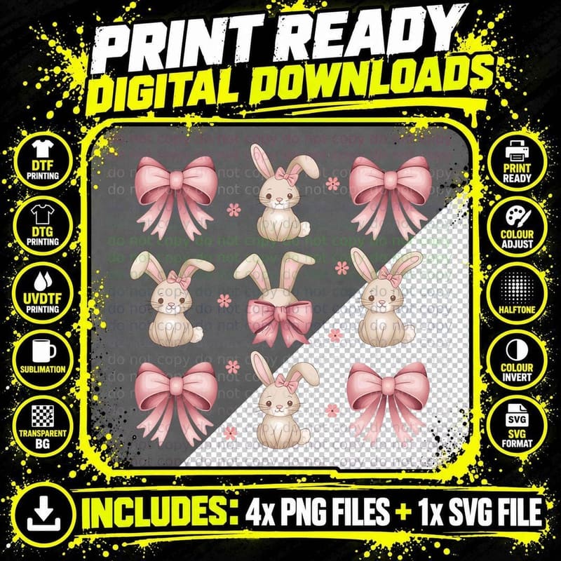 Adorable Bunnies with Bows Easter T-Shirt Png SVG Digital Bundle