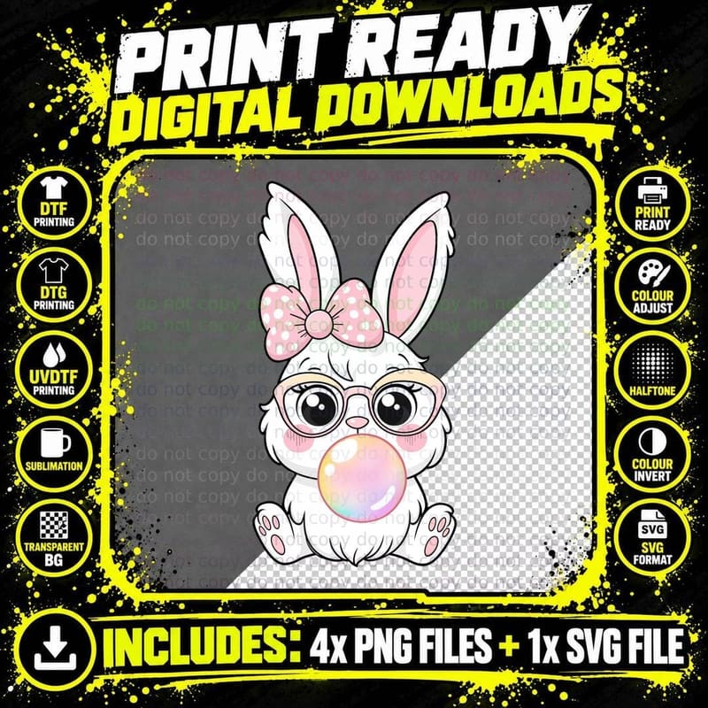 Adorable Bunny Blowing Bubblegum Easter T-Shirt Png SVG Digital Bundle