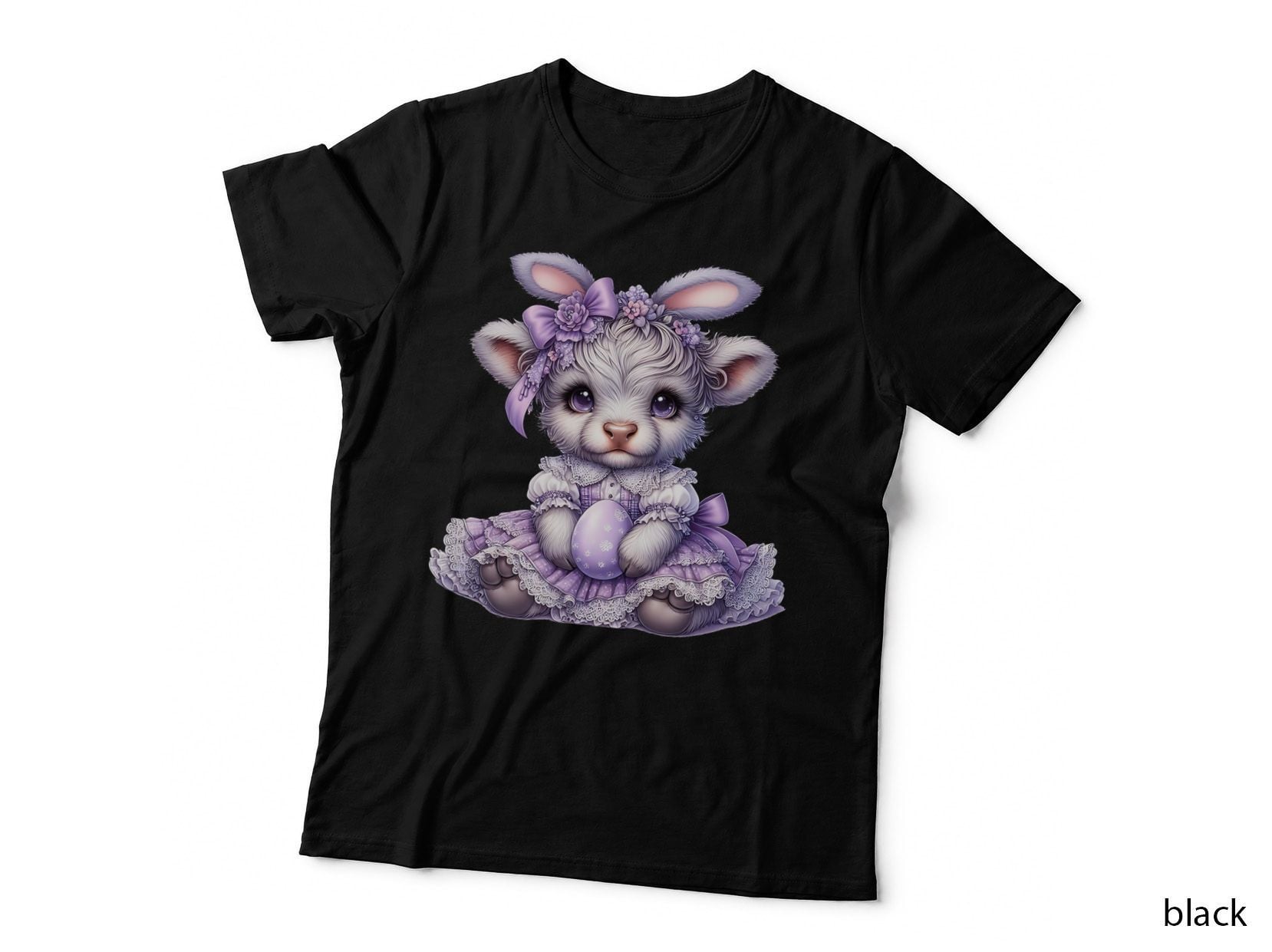 Adorable Bunny in Purple Dress Holding Egg Highland Cow T-Shirt