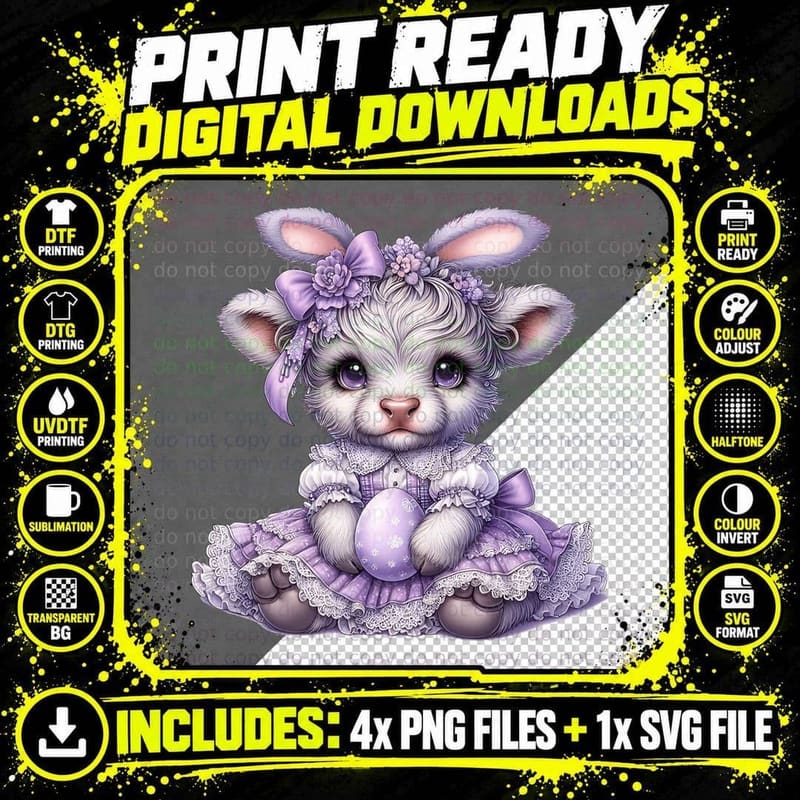 Adorable Bunny in Purple Dress Holding Egg Highland Cow Png SVG Digital Bundle