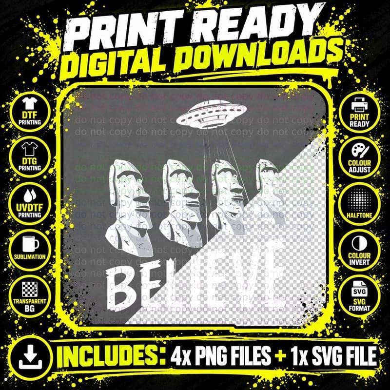 Believe Easter Island Moai Statue Heads Alien Abduction Png SVG Digital Bundle