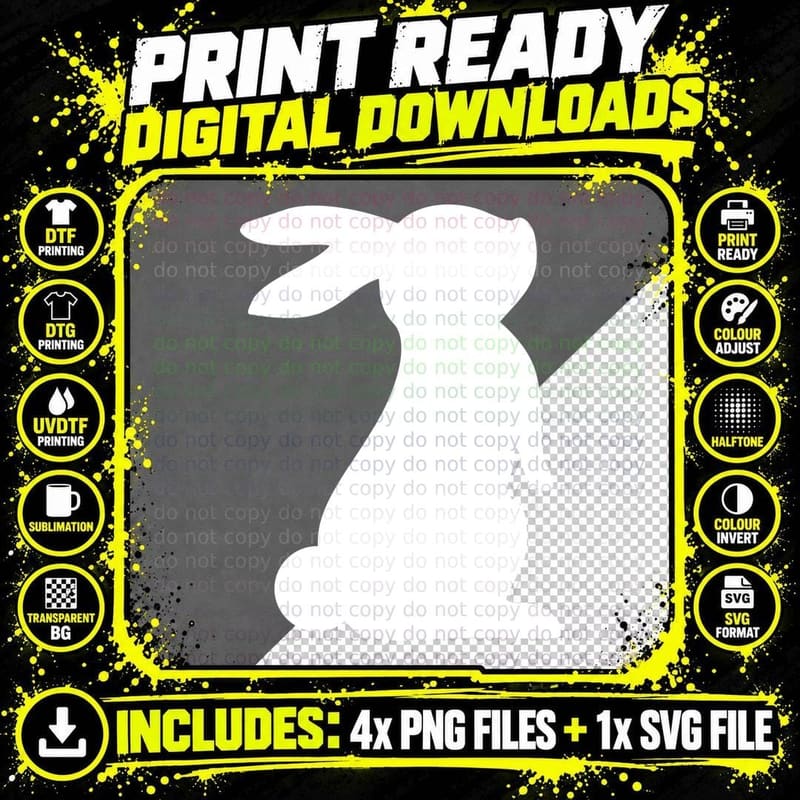 Black Bunny Silhouette on Gray Background Easter Art Png SVG Digital Bundle