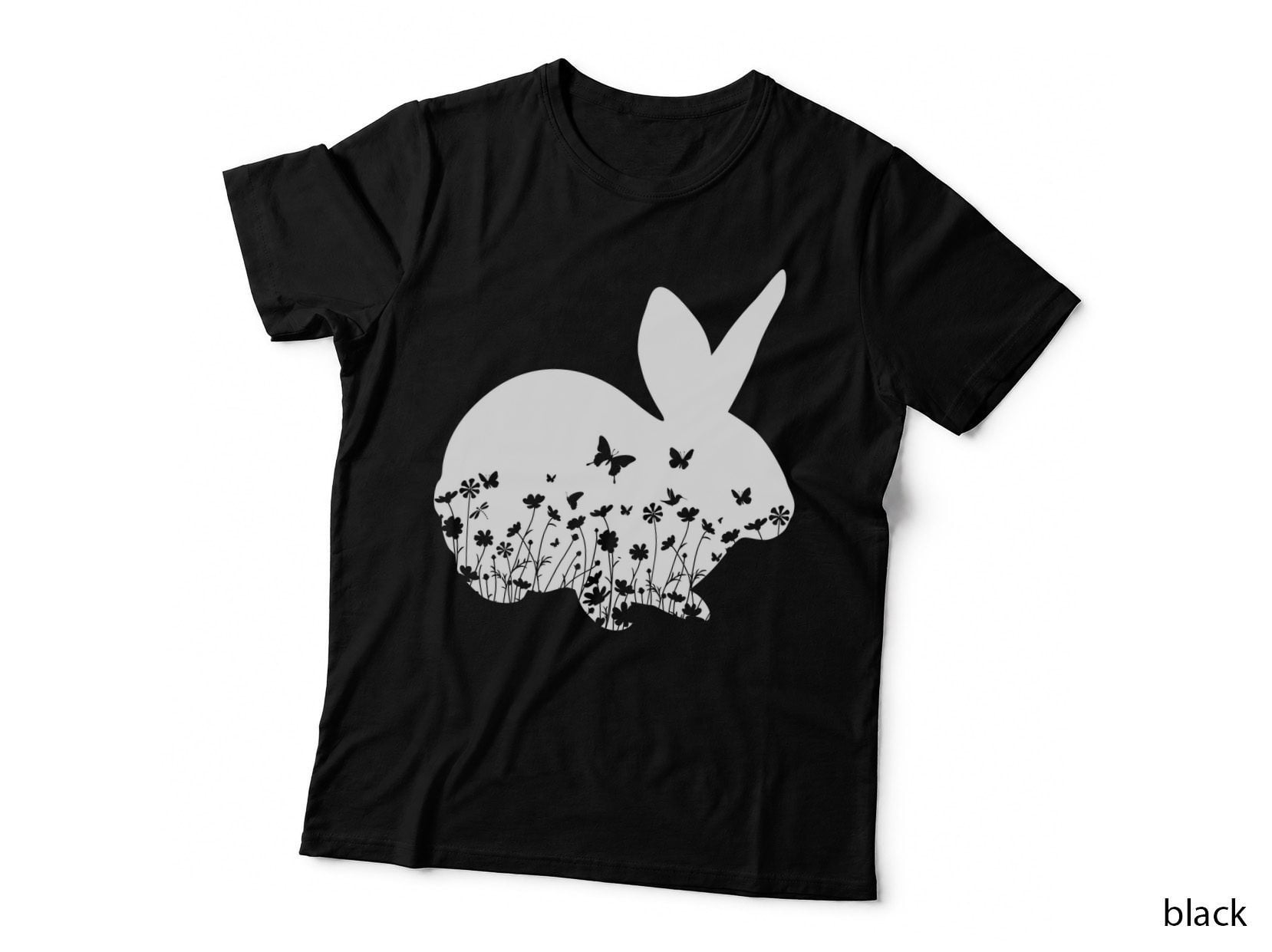 Black Bunny Silhouette with Butterflies and Flowers Easter T-Shirt