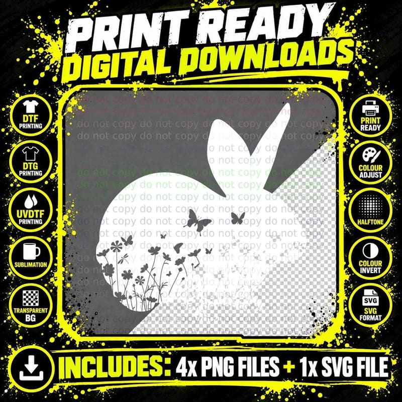 Black Bunny Silhouette with Butterflies and Flowers Png SVG Digital Bundle