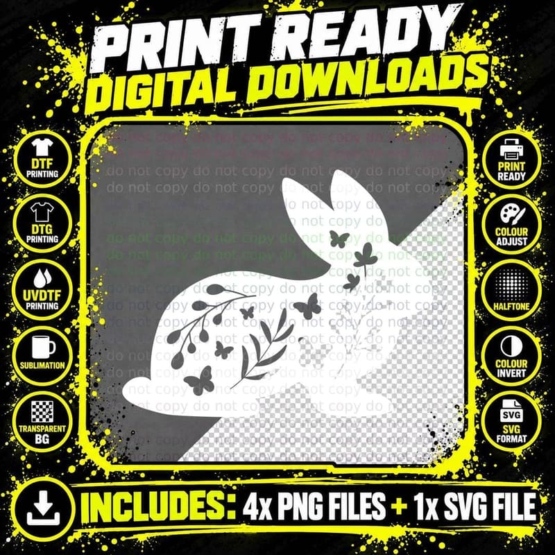 Black Bunny Silhouette with Floral Butterflies Easter Png SVG Digital Bundle