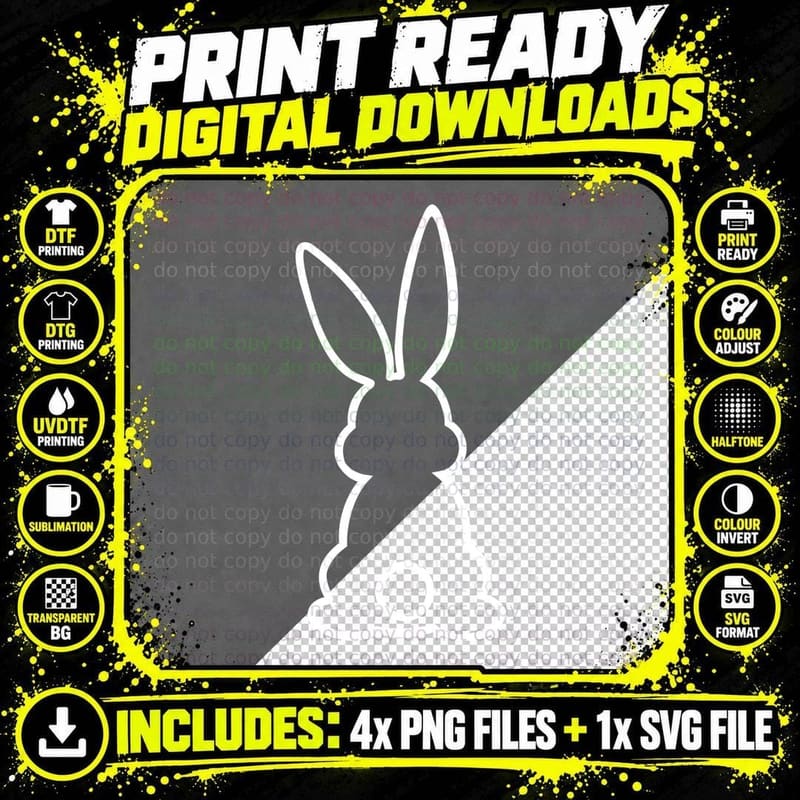 Black Outline of a Rabbit on Gray Background Easter Png SVG Digital Bundle