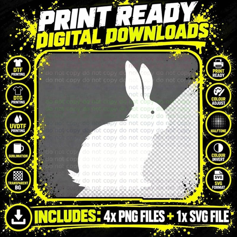 Black Rabbit Silhouette on Gray Background Easter 03 Png SVG Digital Bundle