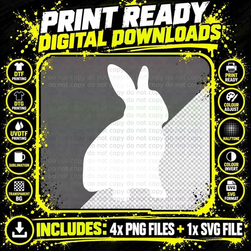 Black Rabbit Silhouette on Gray Background Easter Art Png SVG Digital Bundle