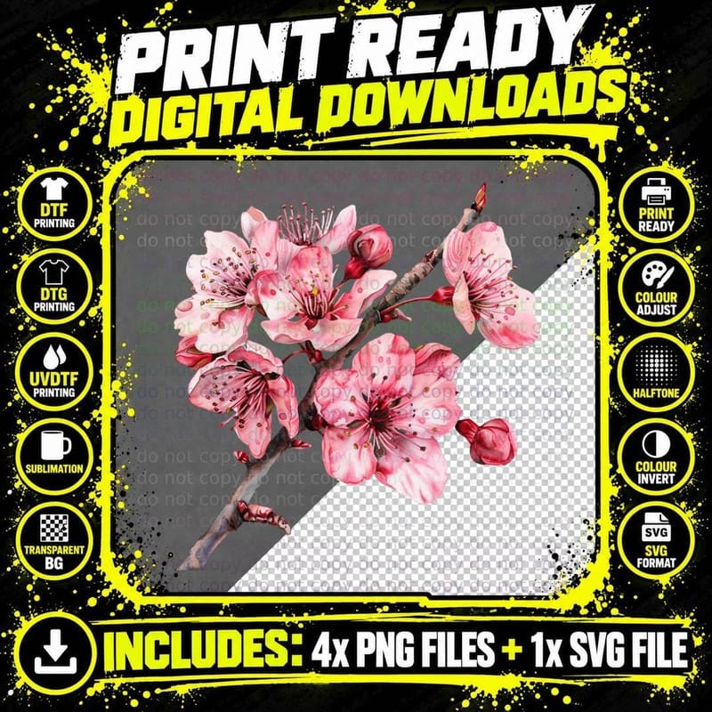 Blossoming Branch with Pink Flowers Easter T-Shirt Png SVG Digital Bundle