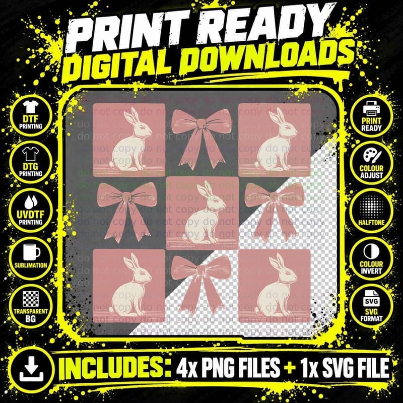 Bunnies & Bows in Pink Squares Easter T-Shirt Png SVG Digital Bundle