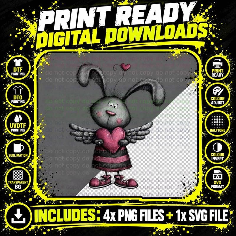 Bunny Angel Black with Wings Pink Heart T-Shirt Png SVG Digital Bundle
