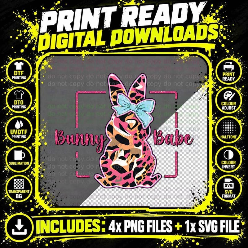 Bunny Babe Easter T-Shirt, Leopard Bunny with Bow Png SVG Digital Bundle