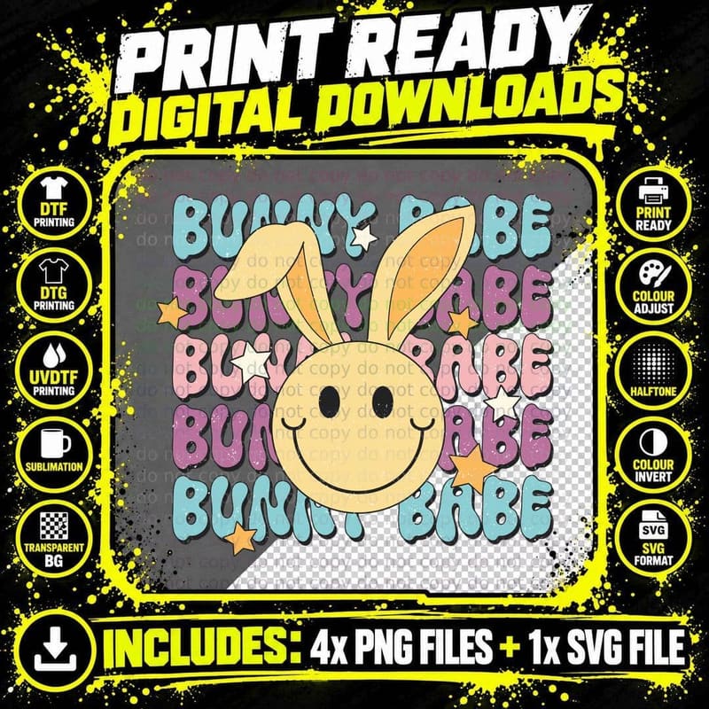 Bunny Babe Easter T-Shirt, Smiling Bunny with Stars Png SVG Digital Bundle